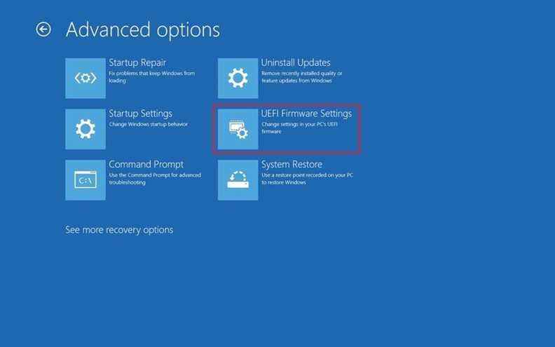 Option de paramètres du micrologiciel UEFI de Windows 10 