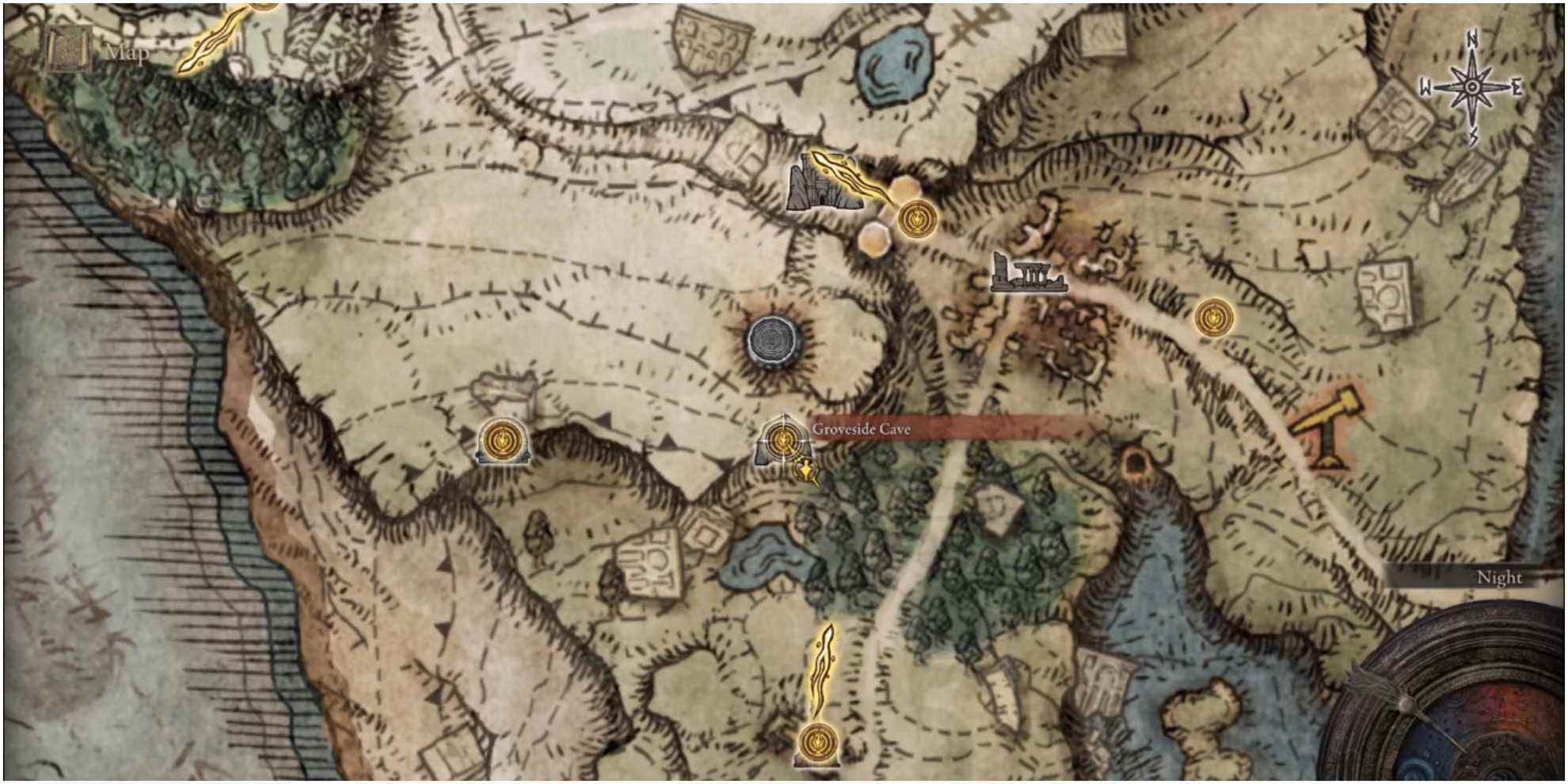 La carte indiquant l'emplacement de la grotte de Groveside. 