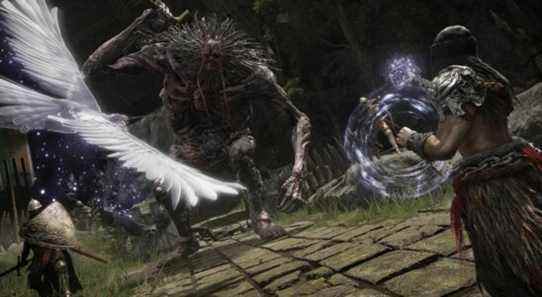 Screenshot from Elden Ring showing a character fighting against a giant and a soldier