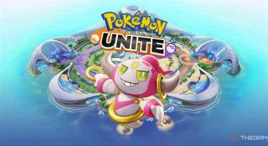 Hoopa from Pokemon Unite in front of an image of the island and game logo