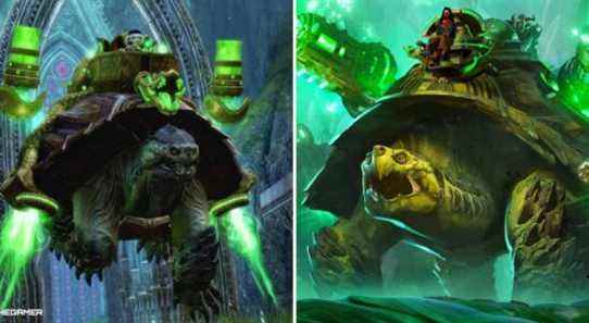 Guild wars 2 end of dragons - Siege Turtle being used in-game on left, concept art on right