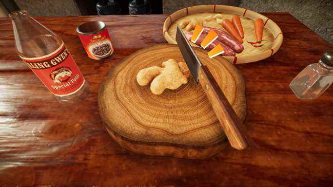 Une capture d'écran de Soup Pot montrant une planche à découper en bois avec du gingembre dessus.  Un couteau coupe le gingembre.  Plusieurs autres ingrédients sont parsemés autour de la table.