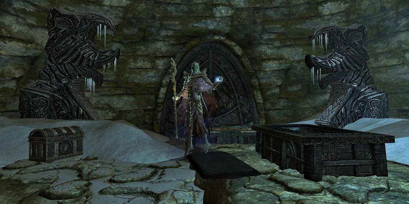 Capture d'écran de Skyrim montrant le prêtre dragon à Forelhost.