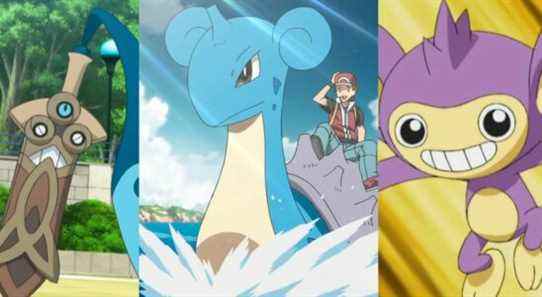 A sheathed Honedge in the anime; Red riding Lapras in the anime; an Aipom in battle in the anime