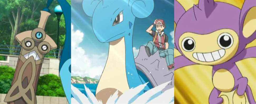 A sheathed Honedge in the anime; Red riding Lapras in the anime; an Aipom in battle in the anime