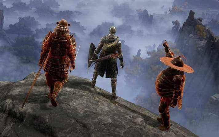 Trois personnages de l'Elden Ring se tiennent sur une falaise.