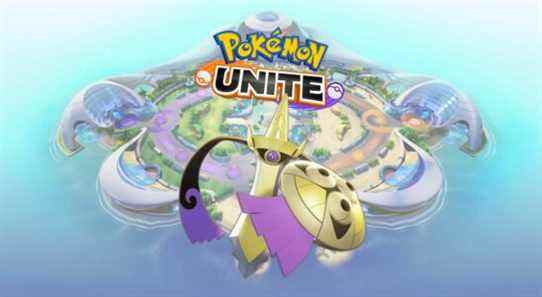 Aegislash from Pokemon Unite in front of an image of the island and game logo