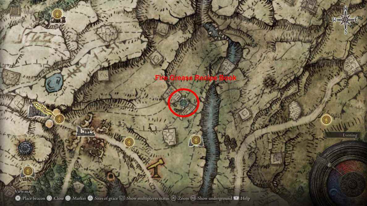 Carte Elden Ring montrant l'emplacement du livre de recettes de graisse de feu