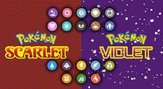 The Pokemon Scarlet and Pokemon Violet text logos with each Pokemon type's emblem.