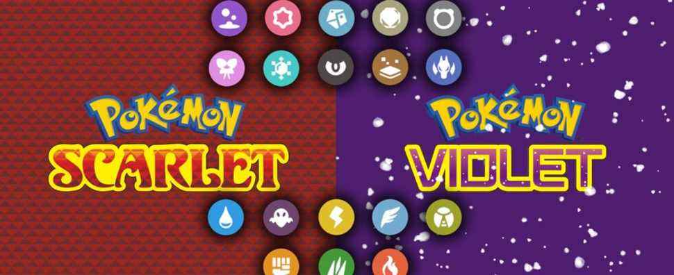 The Pokemon Scarlet and Pokemon Violet text logos with each Pokemon type's emblem.