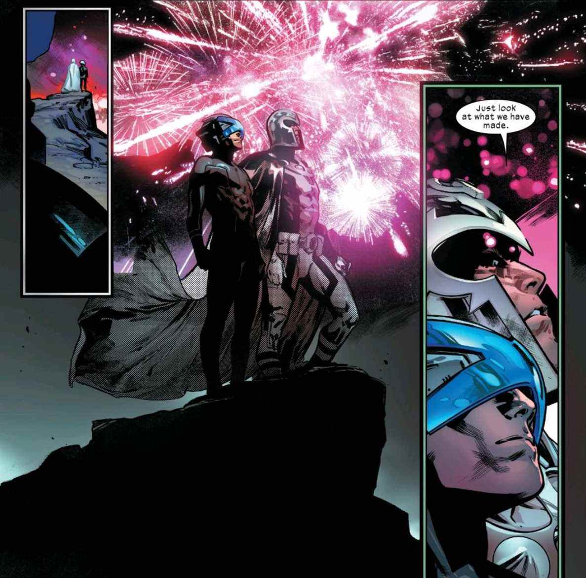 Regardez ce que nous avons fait, dit Magneto au professeur X, alors qu'ils regardent la soirée X-Men à Krakoa, dans House of X # 6, Marvel Comics (2019).