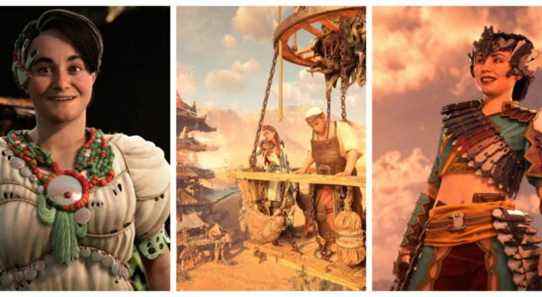 alva smiling at the camera; aloy and morlund in a wooden hot air ballon basket; talanha in full carja armor smiling with the sky behind her