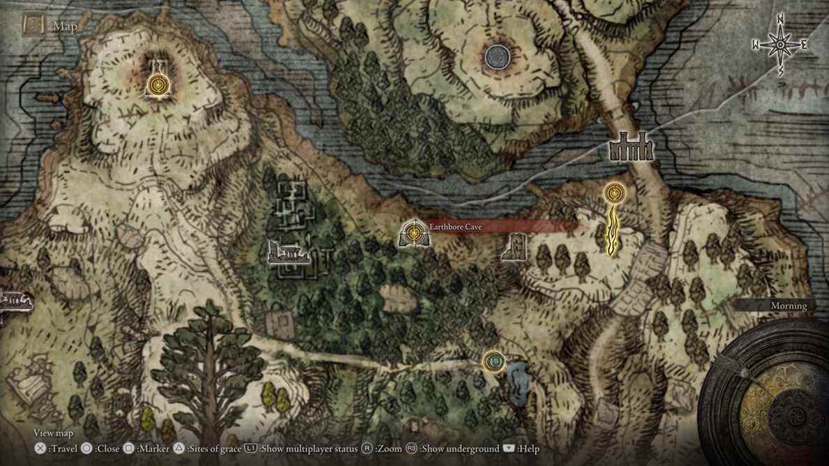 La carte d'Elden Ring, montrant l'emplacement de la grotte Earthbore, où vous pouvez obtenir le Spelldrake Talisman. 