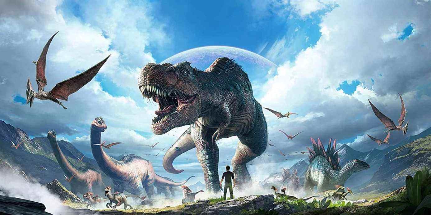 Affiche Ark Survival Evolved avec des dinosaures et des ennemis volants