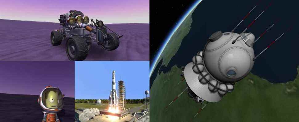 Various images of Kerbal Space Program showing a Kerbal, Land Rover, and Rocket.