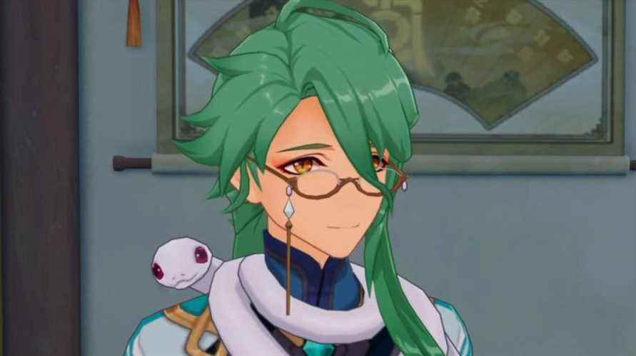 Le nouveau personnage potentiel de Genshin Impact, Baizhu, portant des lunettes et arborant un serpent blanc autour du cou