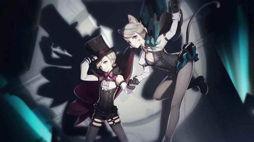 Deux personnages de Genshin IMpact sous les projecteurs, habillés en magiciens