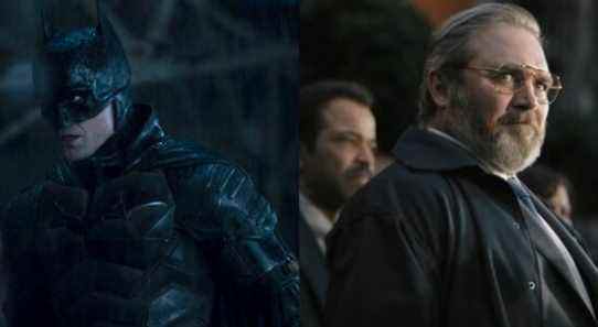 Split image of Batman and Commissioner Pete Savage in The Batman