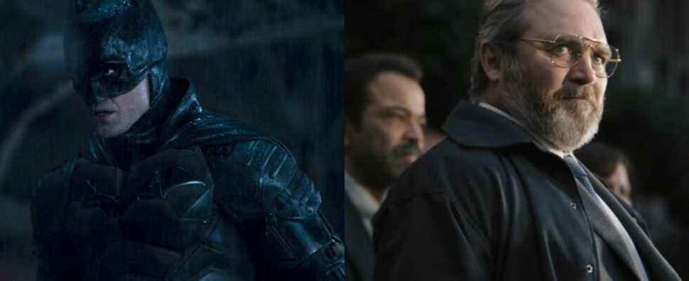 Split image of Batman and Commissioner Pete Savage in The Batman