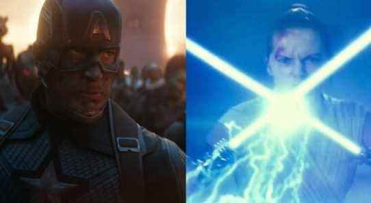 Split image of Captain America assembling the Avengers in Endgame and Rey with two lightsabers in The Rise of Skywalker
