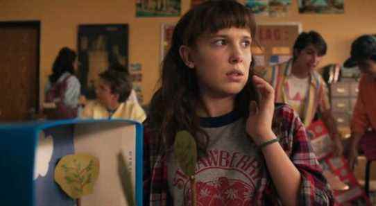 Millie Bobby Brown as Eleven talking on the phone in Stranger Things