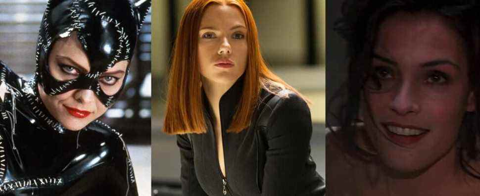 Michelle Pfeiffer as Selina Kyle in Batman Returns; Scarlett Johansson as Natasha Romanoff in Captain America 2; Famke Janssen as Xenia Onatopp in GoldenEye