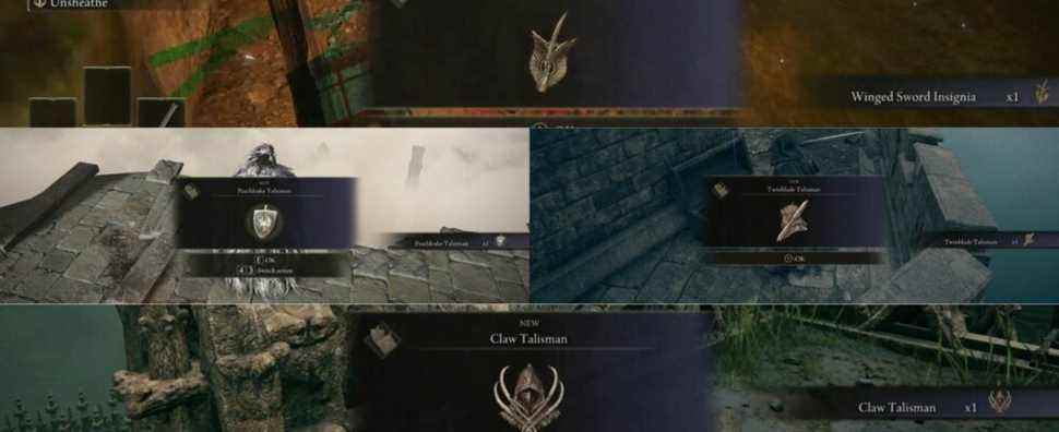 Imge of the different Talismans Elden Ring Talisman Winged Sword Twinblade Claw Pearldrake) found in Elden Ring.