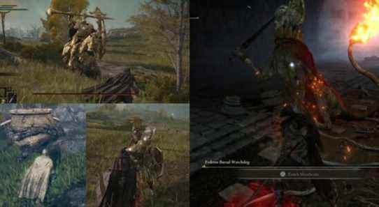 Showcase of various enemies (Tree Sentinel, Land Octopus, Watchdog, and Banished Knight) found in Elden Ring.
