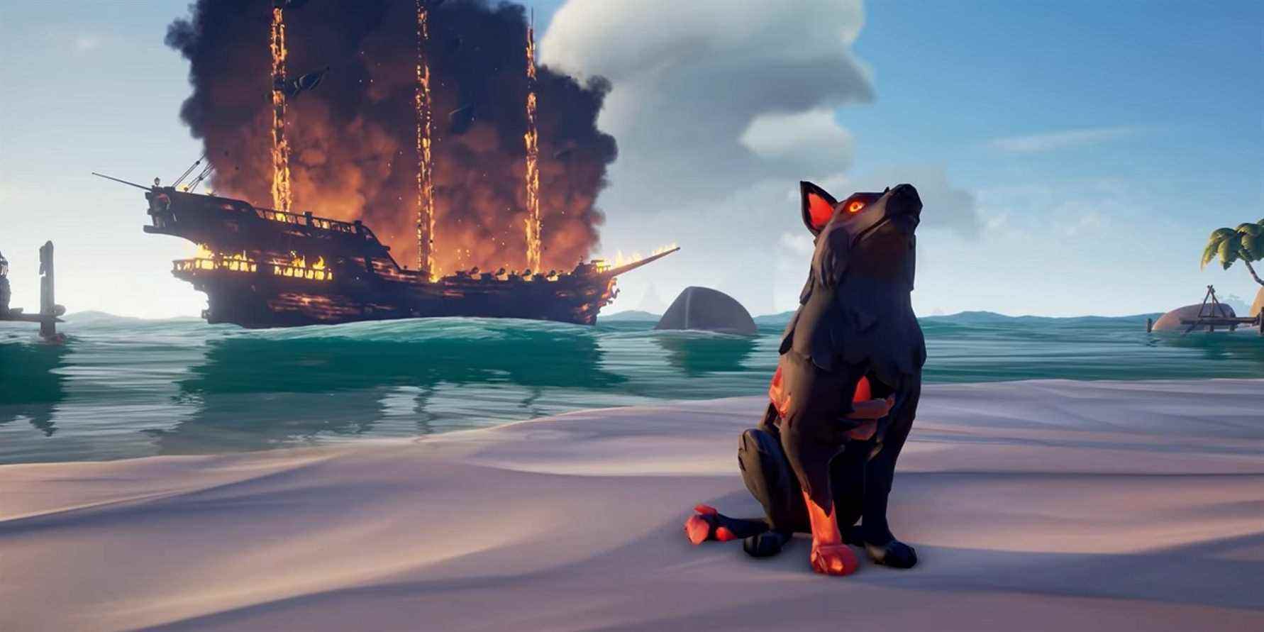 mer de voleurs chien cendré navire en feu