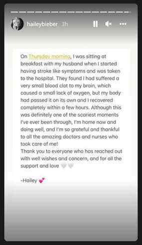 Hailey Bieber a partagé un message avec ses abonnés Instagram après avoir été hospitalisée pour des symptômes ressemblant à un accident vasculaire cérébral.
