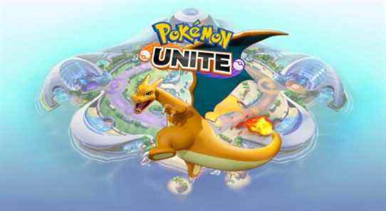 Charizard from Pokemon Unite in front of an image of the island and game logo