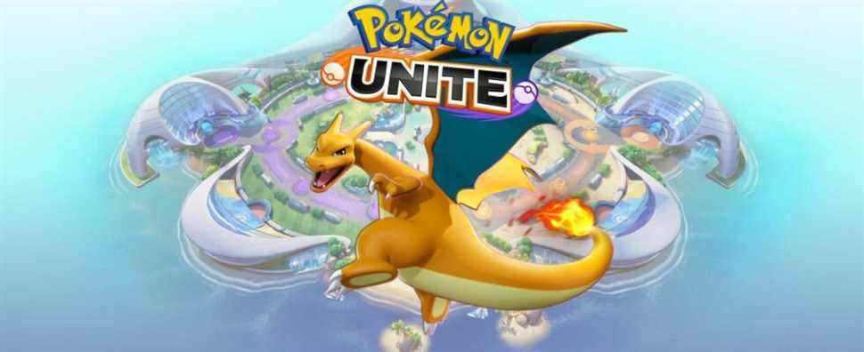 Charizard from Pokemon Unite in front of an image of the island and game logo