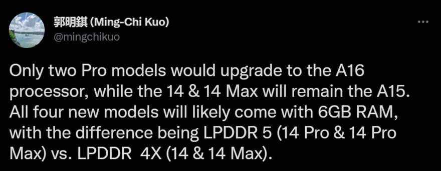 Seuls l'iPhone 14 Pro, l'iPhone 14 Pro Max recevront le tout dernier A16 Bionic d'Apple, pas les modèles réguliers