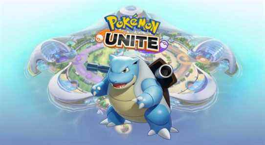 Blastoise from Pokemon Unite in front of an image of the island and game logo
