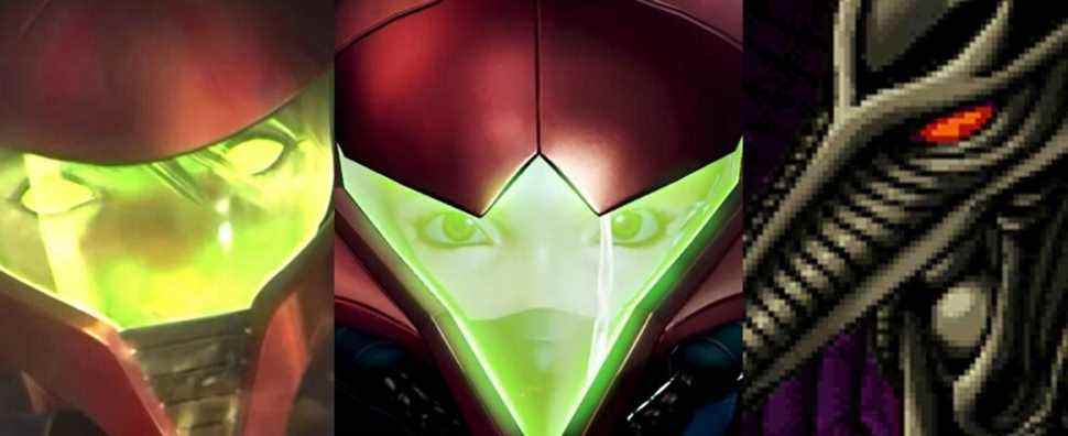 SA-X in a flashback in Metroid Dread; A close-up of Samus's helmet in Metroid Dread; Ridley in Metroid Zero Mission