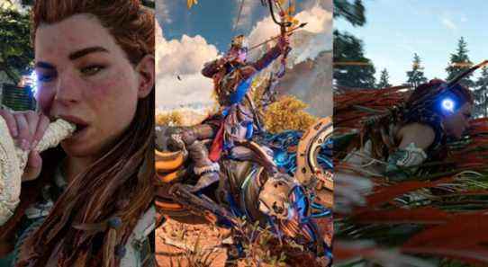 aloy uncorking a bottle with her mouth; aloy pulling back an arrow while riding a mechanical bull; aloy hiding in tall, red grass