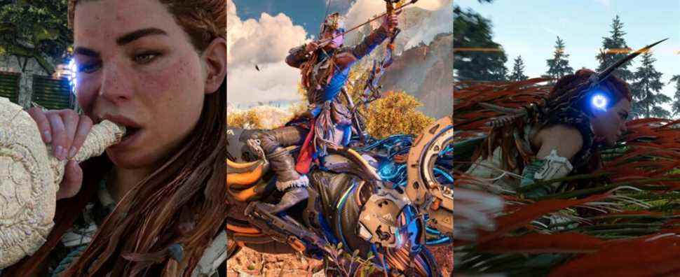 aloy uncorking a bottle with her mouth; aloy pulling back an arrow while riding a mechanical bull; aloy hiding in tall, red grass