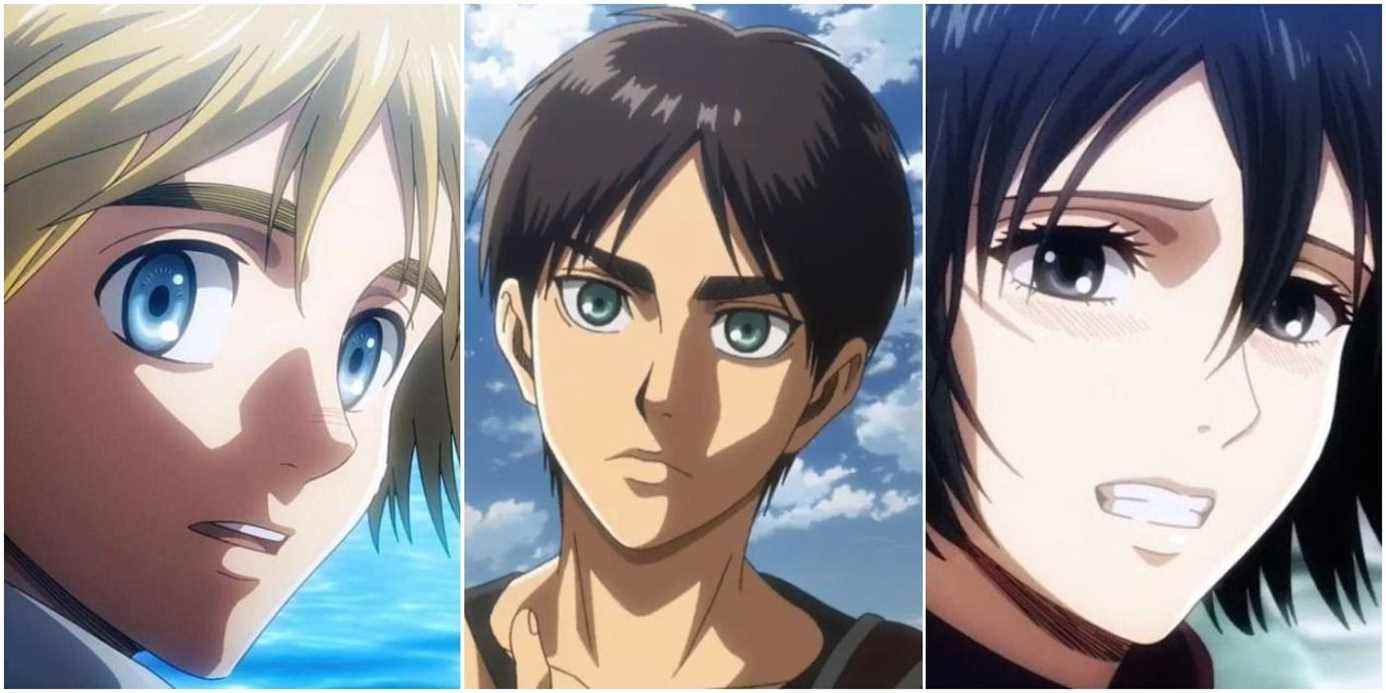 Armin, Eren et Mikasa dans L'Attaque des Titans