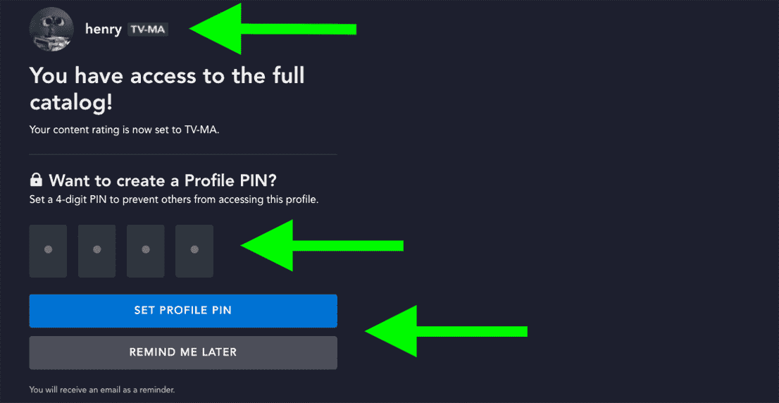 Le niveau d'accès de votre profil et les options de configuration du code PIN sont mis en évidence sur un écran de connexion Disney Plus pour configurer les contrôles parentaux pour le contenu TV-MA