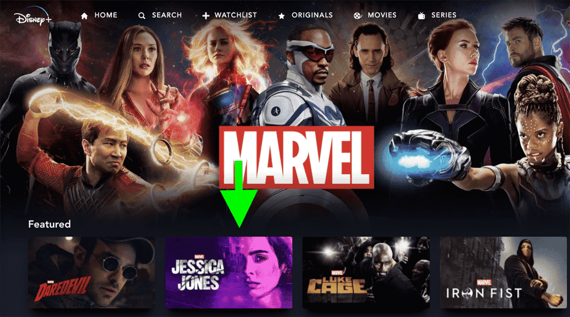 Une flèche pointe vers le spectacle Netflix Marvel dans Disney Plus