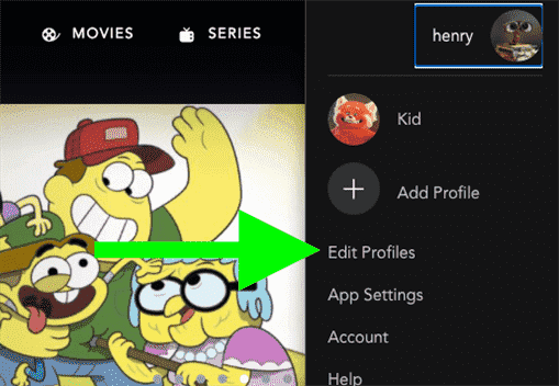 Une flèche pointe vers l'icône Modifier les profils dans Disney Plus