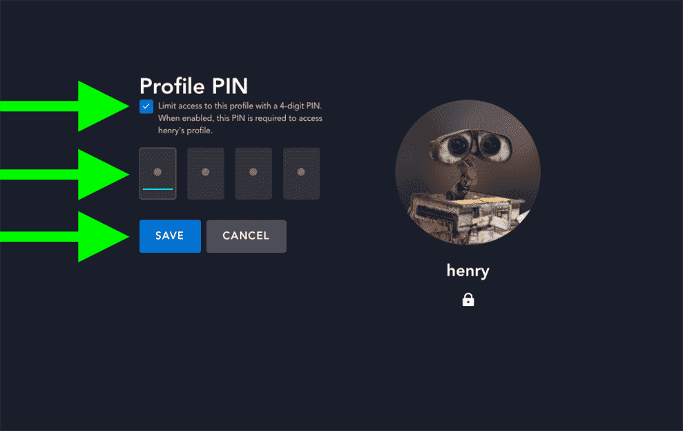 Les flèches pointent vers la bascule PIN de profil, les cases à 4 chiffres et le bouton Enregistrer dans la page PIN de profil de Disney Plus