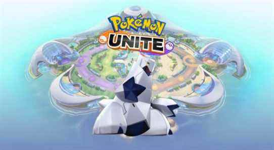 Duraludon from Pokemon Unite in front of an image of the island and game logo