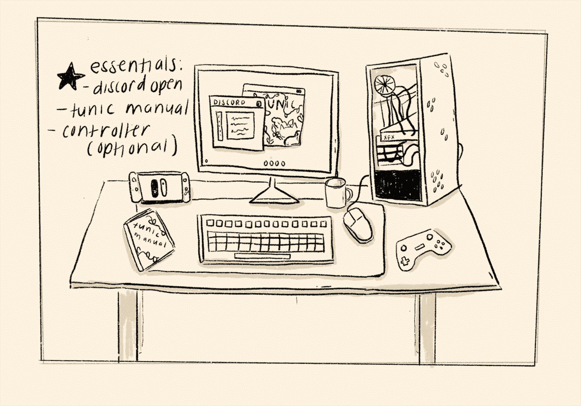 un dessin d'un bureau avec la légende « essentiel : discord open, tunic manual, controller (optional) »