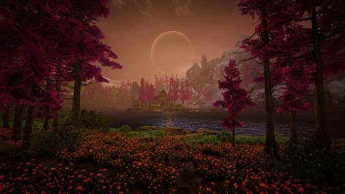 Une scène de nuit d'Eastshade, un croissant de lune dans un ciel rouge surplombant une petite maison entourée d'arbres rouge-violet