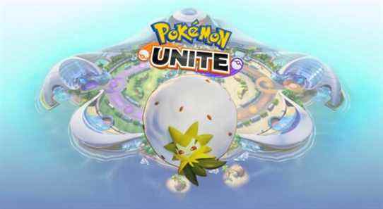 Eldegoss from Pokemon Unite in front of an image of the island and game logo