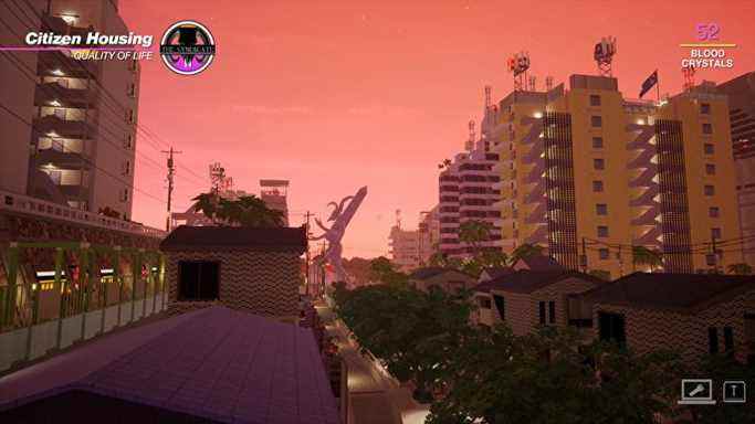 Immeubles d'appartements sur un ciel saturé de rose dans Paradise Killer