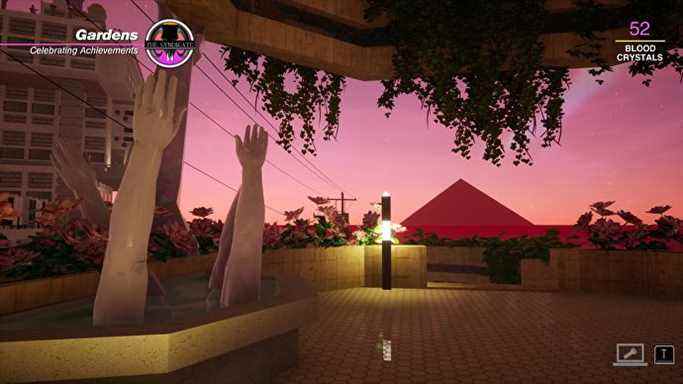 Une pyramide rose peut être vue à l'horizon entre des statues en forme de mains dans Paradise Killer