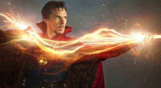 Benedict Cumberbatch as Doctor Strange with a large lightning like burst of magic.