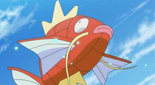 Magikarp Jumping Through The Air With Blue Sky Background